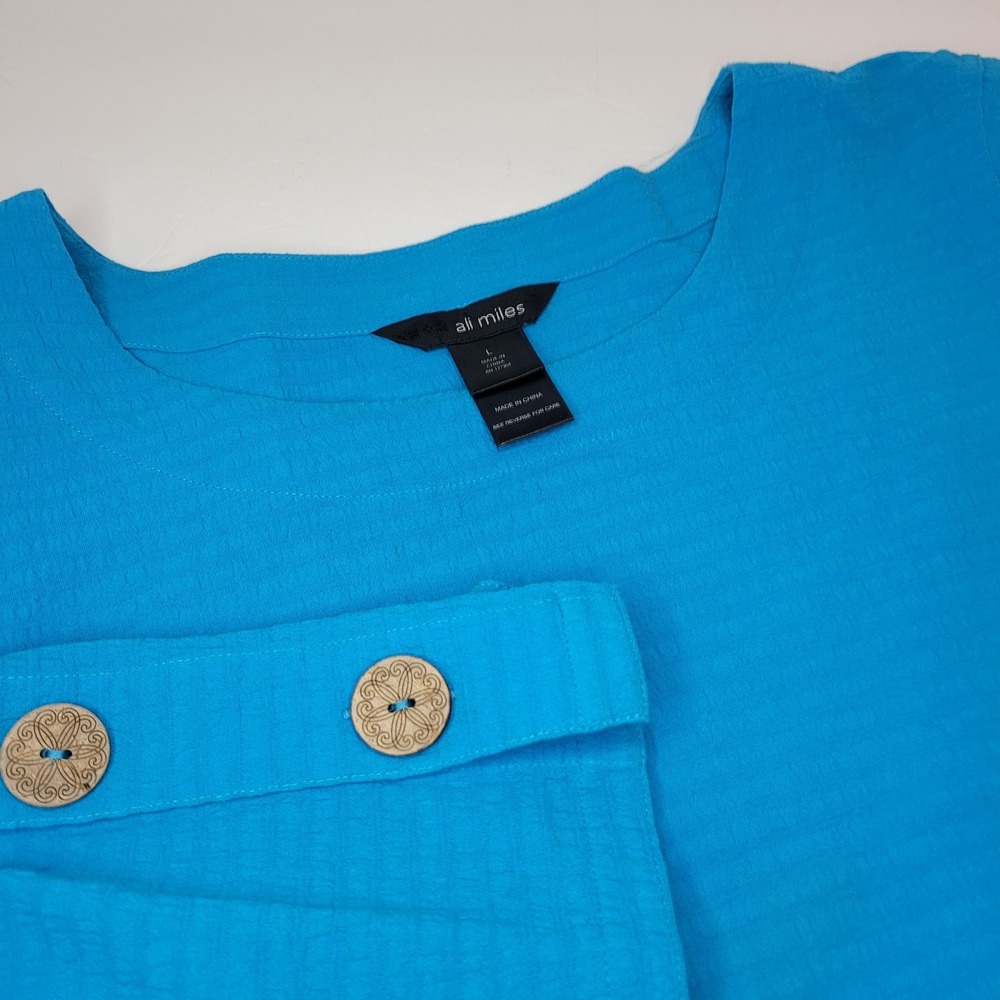 ALI MILES Womens L Blue Tunic Top 3/4 Sleeve Crinkle‎ Artsy Lagenlook Pockets